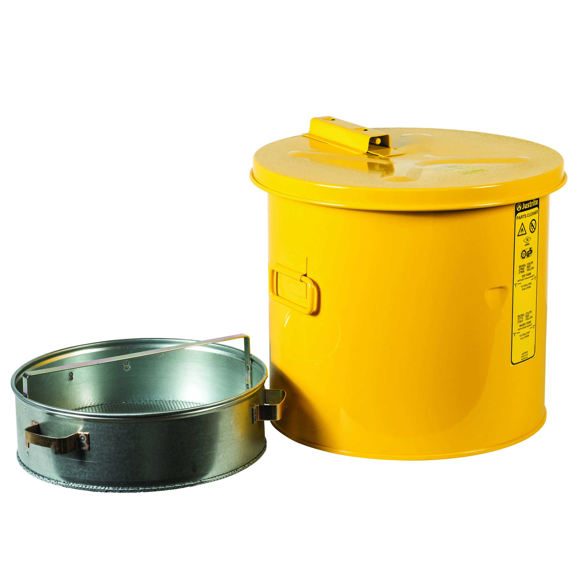 Justrite Wash Tank with Basket — 3.5 Gallon, Self-Close Cover, Steel, Yellow, Model# 27813